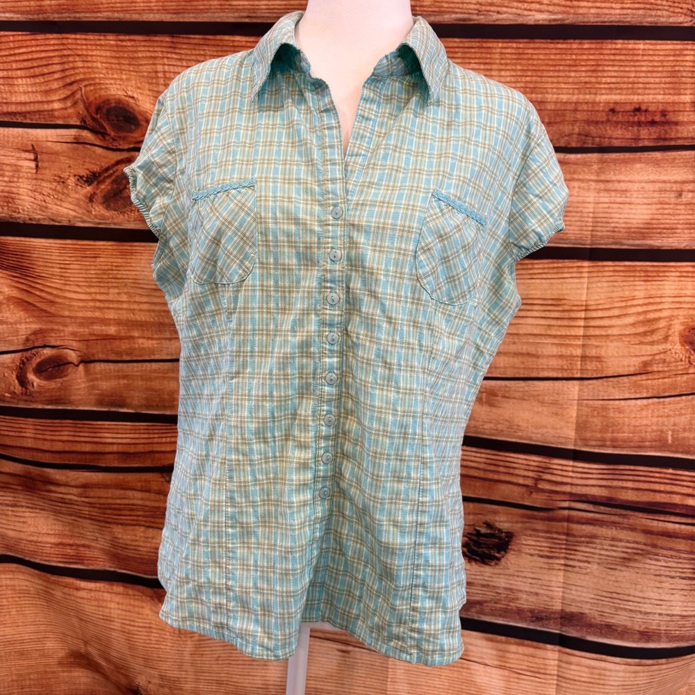 Pastel Cap Sleeve Womens Button Down Lightweight Camp Shirt Size L